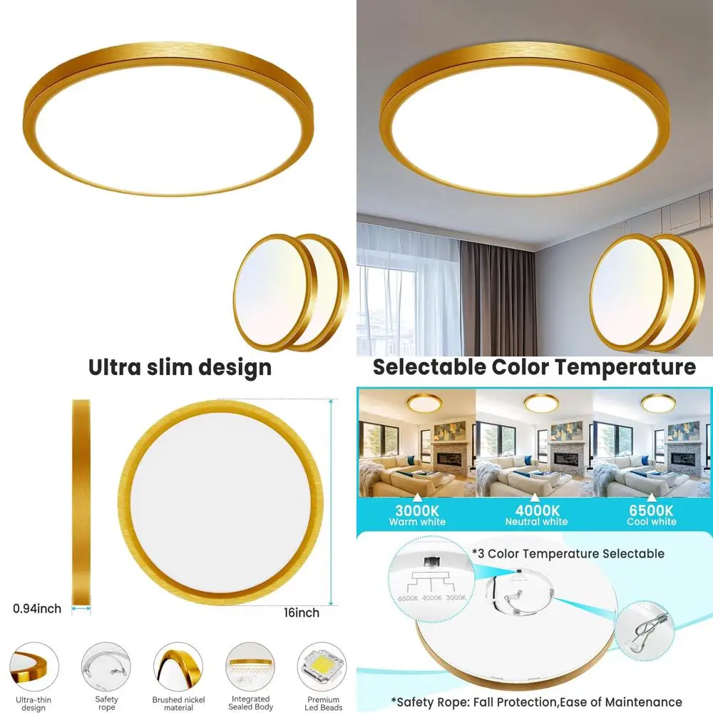 

2-Pack 16 Adjustable 3000K-6500K LED Flush Mount Ceiling Light, 36W 3600lm, Gold Satin for Bathroom, Shower, Hallway, Kitchen