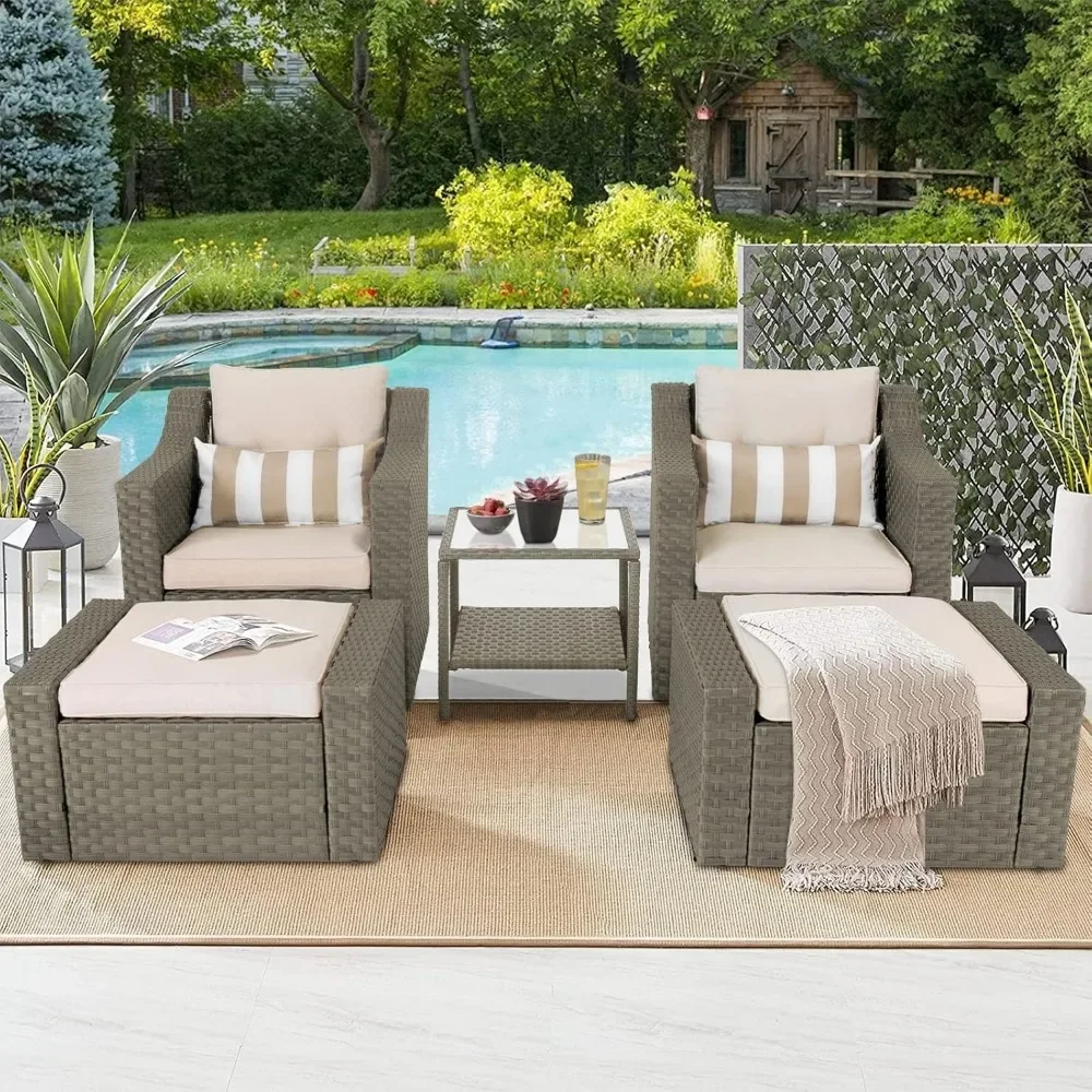 

Patio Conversation Set Outdoor Furniture Set, Wicker Lounge Chair with Ottoman Footrest, W/Coffee Table & Cushions