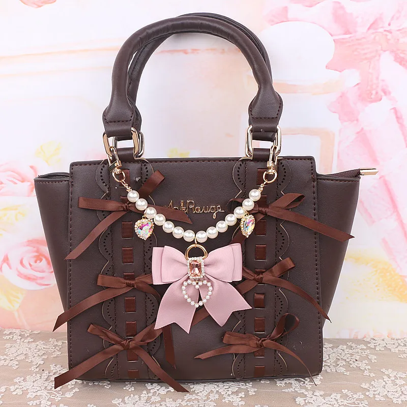 Handmade Japanese Style Girl Sweet Cute Bow Rhinestone Stringed Pearls Handbag Pendant Lolita Bag Charms Keyrings Accessories