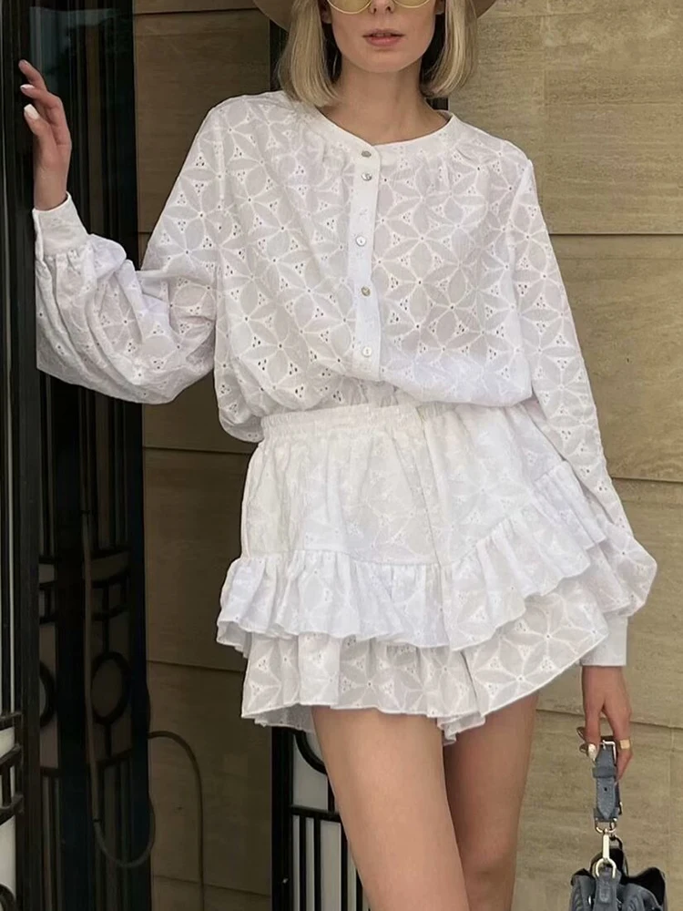 GypsyLady French Chic Embroidery Short Sets White Cotton Women Summer 2 Piece Lace Short Womens Blouse Matching Sets Outfits New