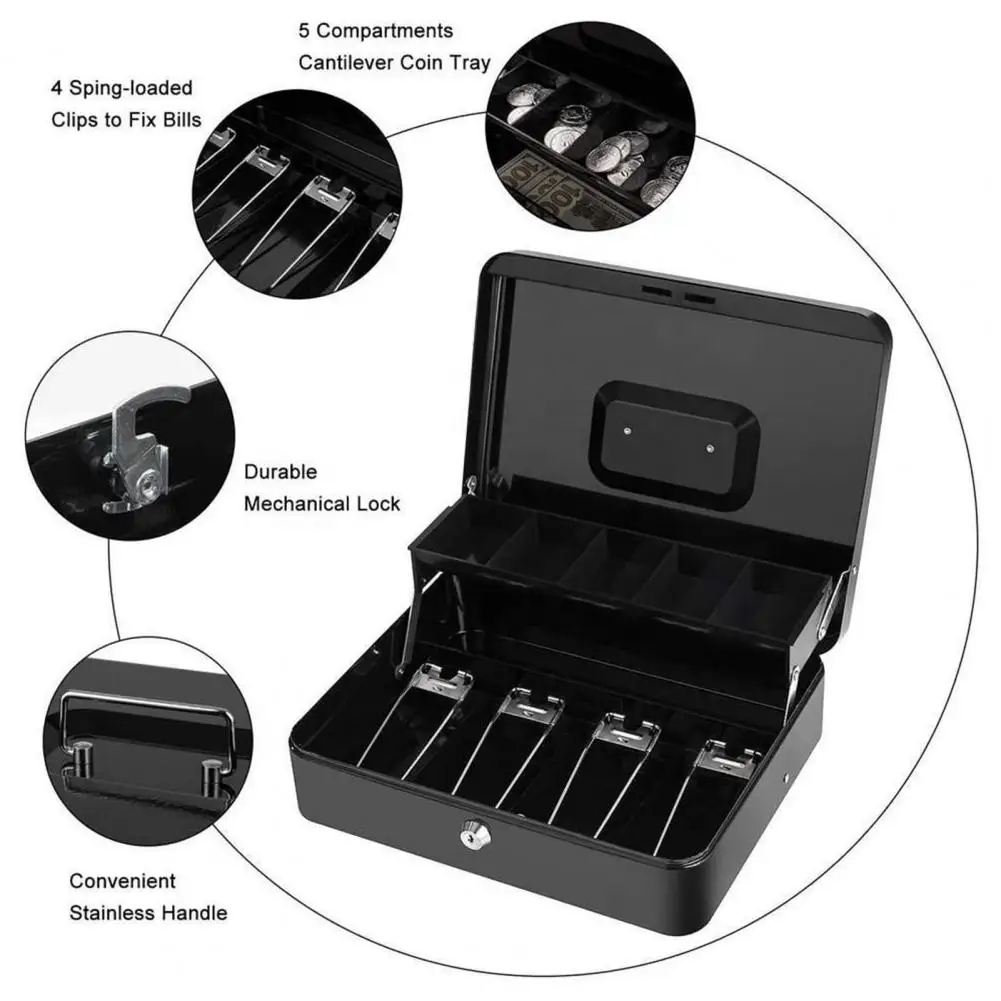 Cash Storage Box With Lock 2 Keys Metal Money Box With Cash Tray Large Capacity Multi-compartments Portable Lock Safe Box 돈상자