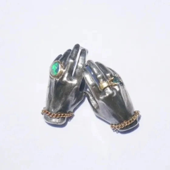 Eye-catching Gothic Retro Gun Black Hand Palm Imitation Colorful Moonlight Stone Ring Rose Gold Color Cuban Chain Hand Earrings