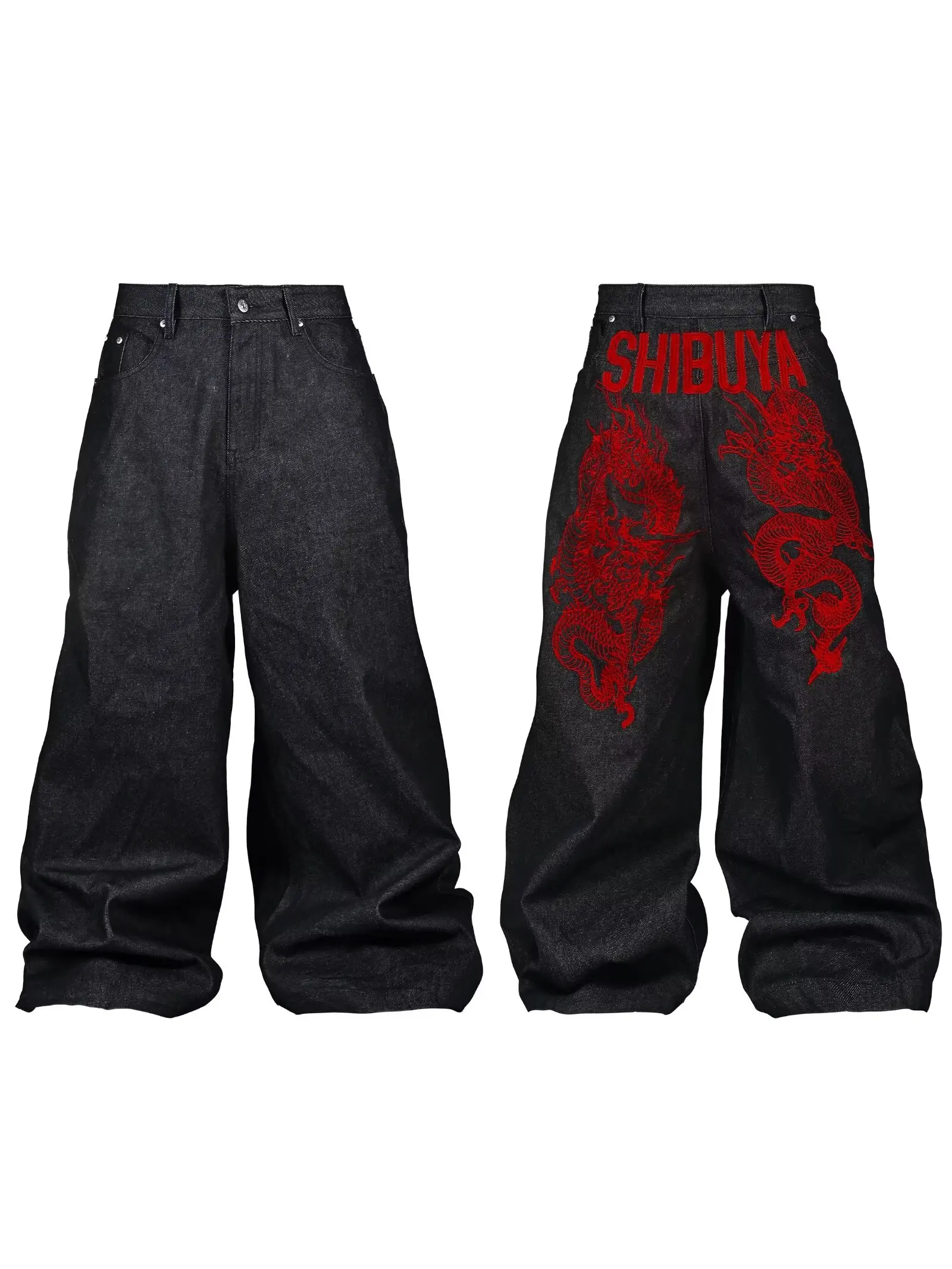 Women's Pants High Street Gothic Embroidered Men Red Dragon Y2K High Waist Jeans American Retro Street Couple Casual Pants New