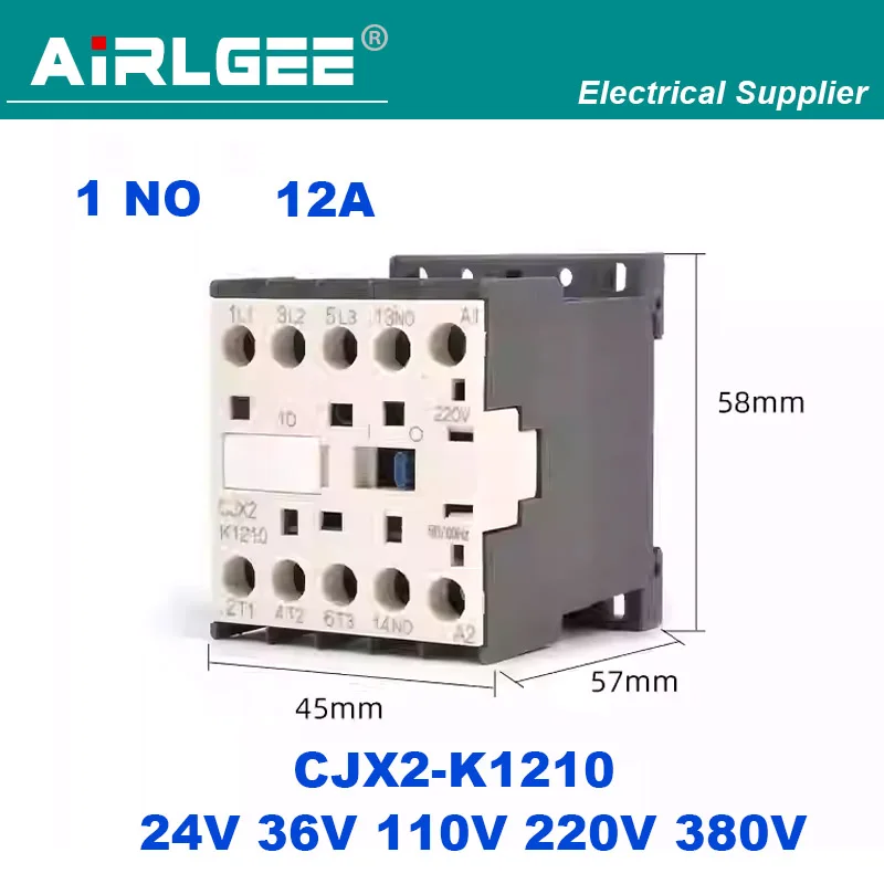 CJX2-K1210 1NO CJX2-K1201 1NC AC24V 36V 110V 220V 380 Volts Coil 50/60Hz 35mm DIN Rail 12A Three Pole 3P k Series AC Contactor