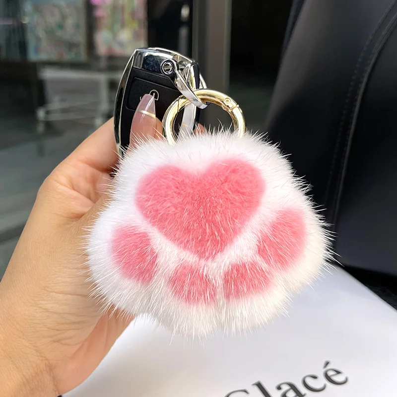 Super Cute Soft Plush Cat Paw Keychain Fluffy Warm Comfortable Pink Kitty Hand Key Chain Ring Holder Bag Purse Pendant