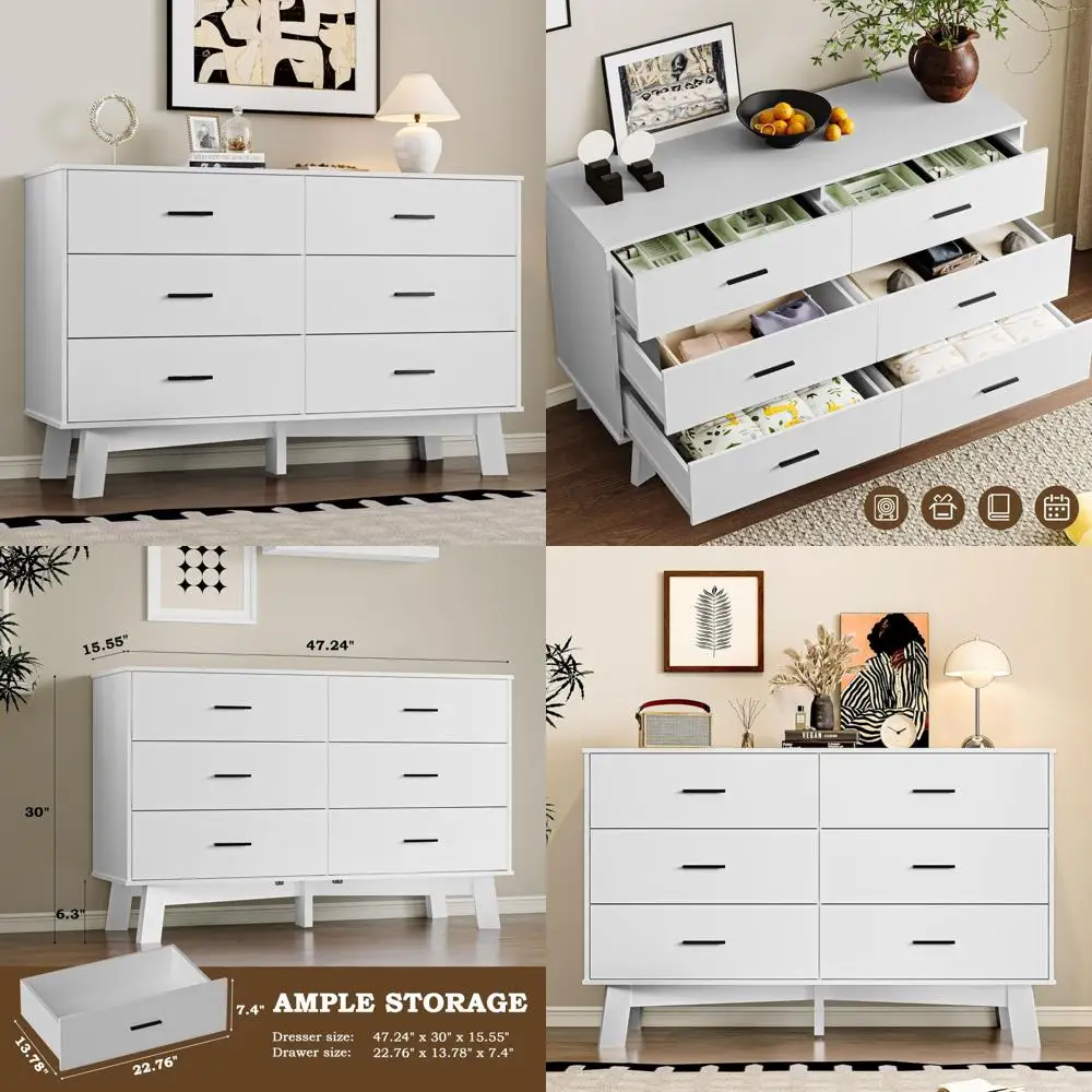 Modern 6-Drawer Bedroom Chest with Metal Handles, X-Base Design and Adjustable Leg Support