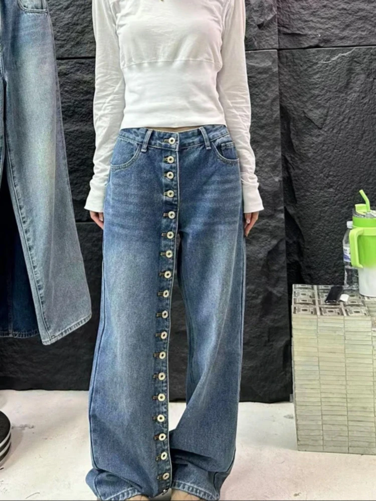 

Women's spring autumn new high waist design fashion loose slim pants American style high street breasted design jeans
