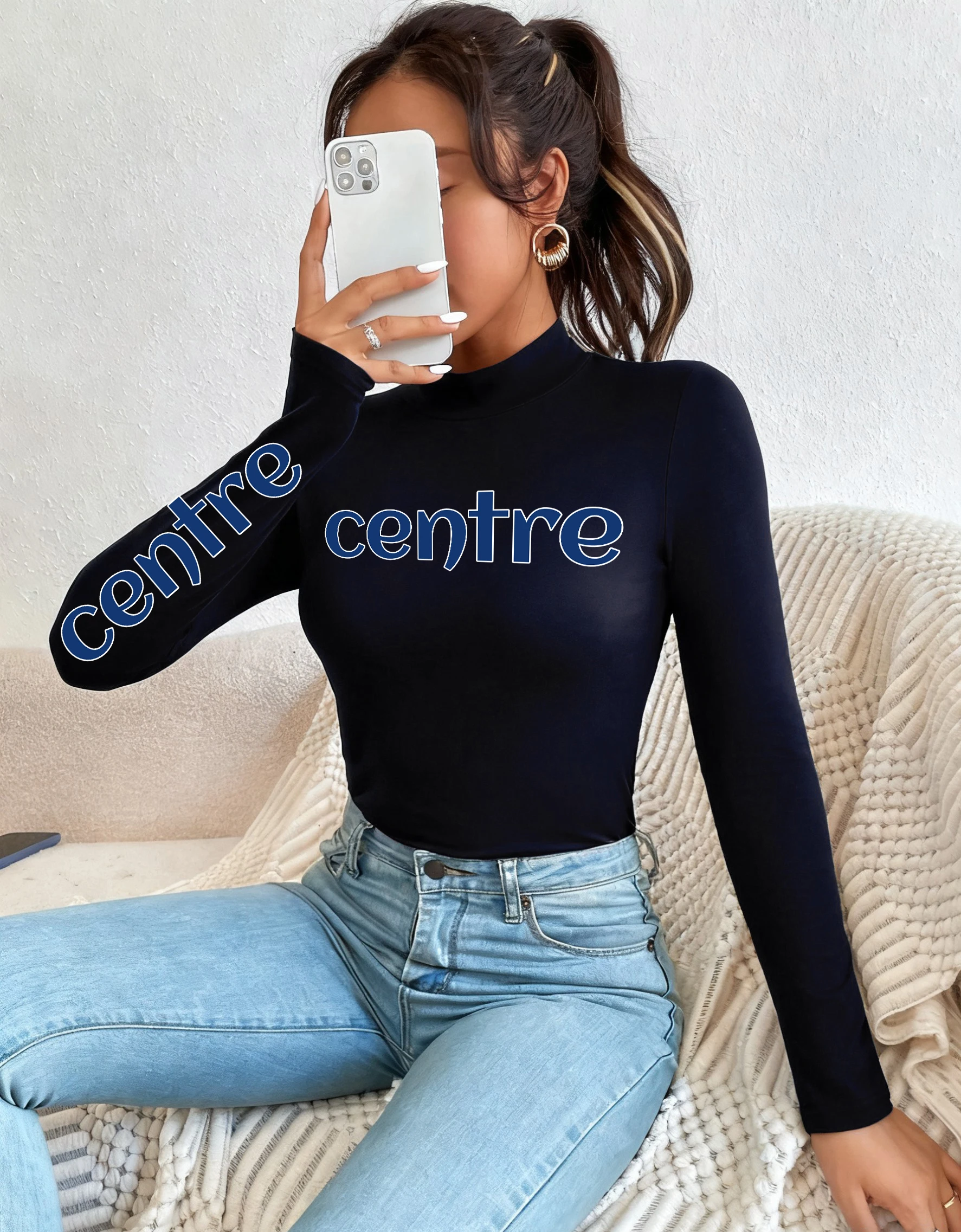 الأزرق الفن كلمة مركز طباعة المرأة قاعدة طبقة البلوفرات الشارع الخريف تي شيرت عادية كل مباراة كم طويل أساسيات الموضة القمم