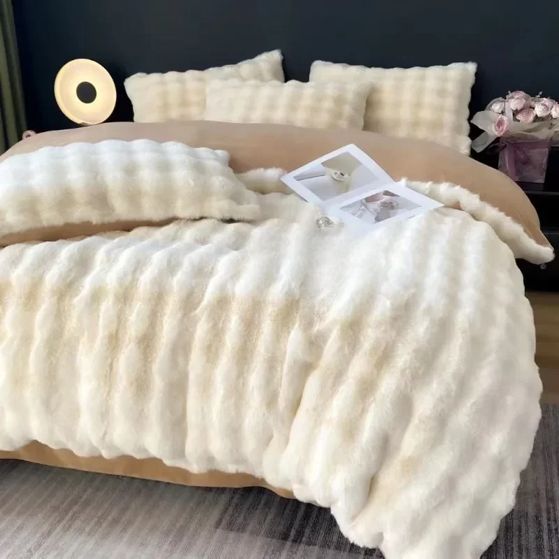 200x230cm Winter Plush Four Piece Set Thick Double-sided Plush Warm Duvet Cover Soft and Comfortable Bed Cover Pillowcase Sheet