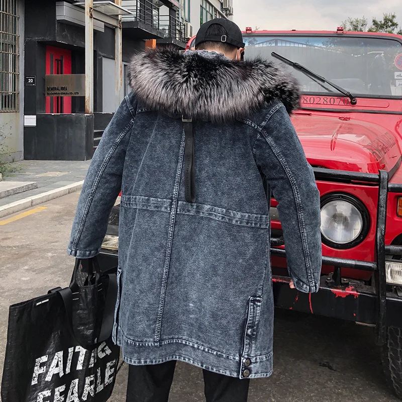 Winter Jacket Men Parka Real Rex Rabbit Fur Coat Fox Collar Long Denim Jackets New Blouson Homme Hiver 85859 KJ1555