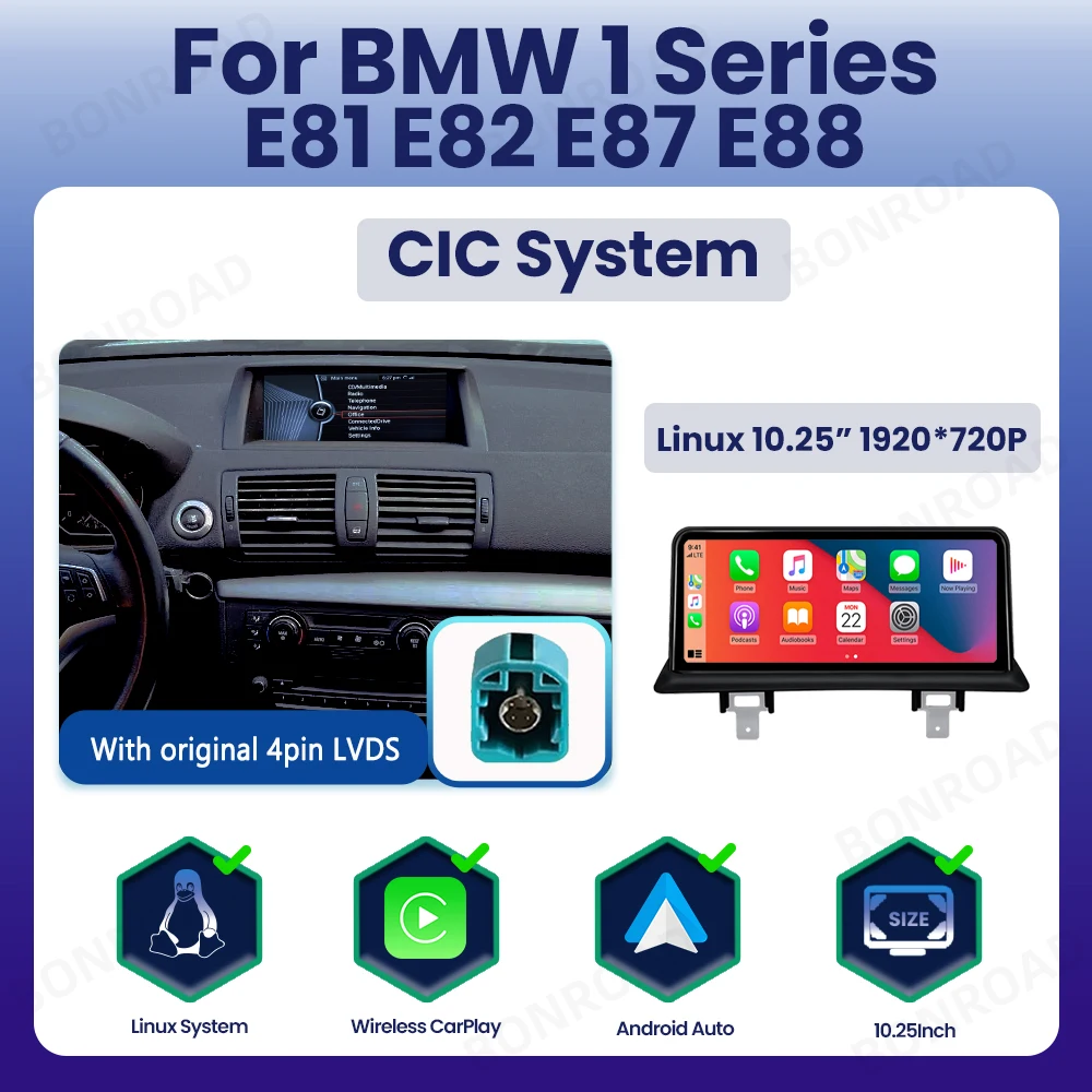 BONROAD Linux Draadloze CarPlay Android Auto Multimedia Display Speler Autoradio voor BMW 1 Serie E81 E82 E87 E88 Touchscreen