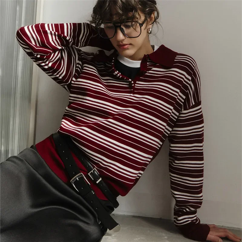 

Sweatshirt Fall Winter Outwear Striped Sweater Women Long Sleeve Button Front Pullover Casual Crew Neck Tops Pullover