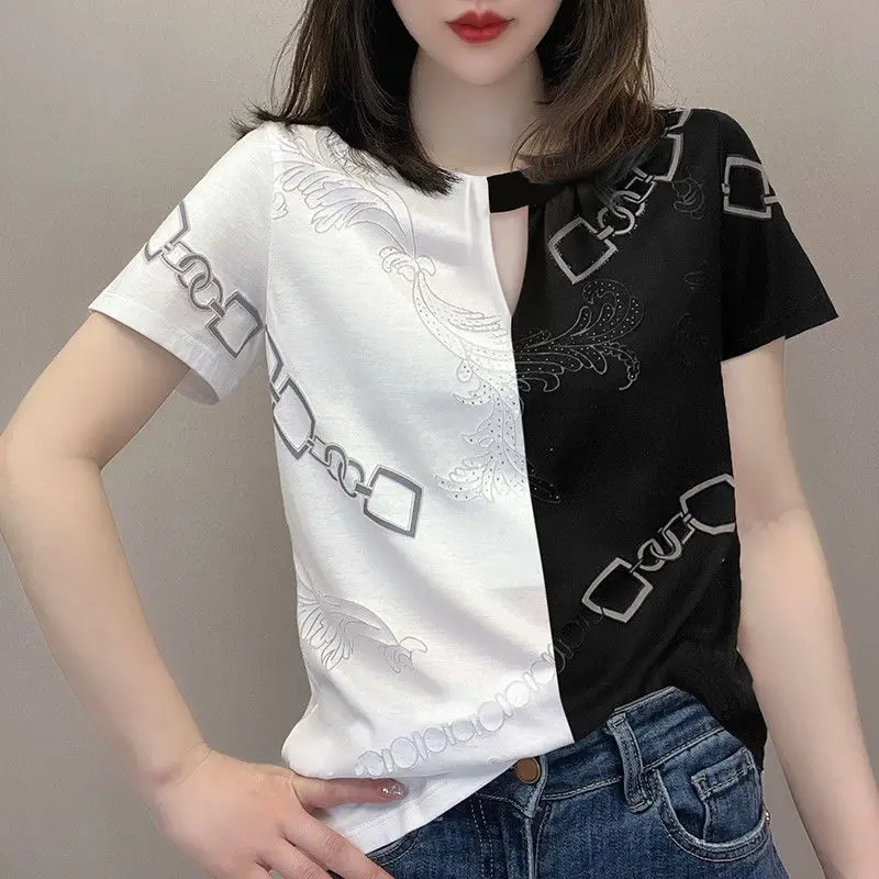 Summer T Shirt for Women Korean Fashion Cashew Flower Luxury Designer Splicing Cotton Loose Oversize Tops Women Clothes