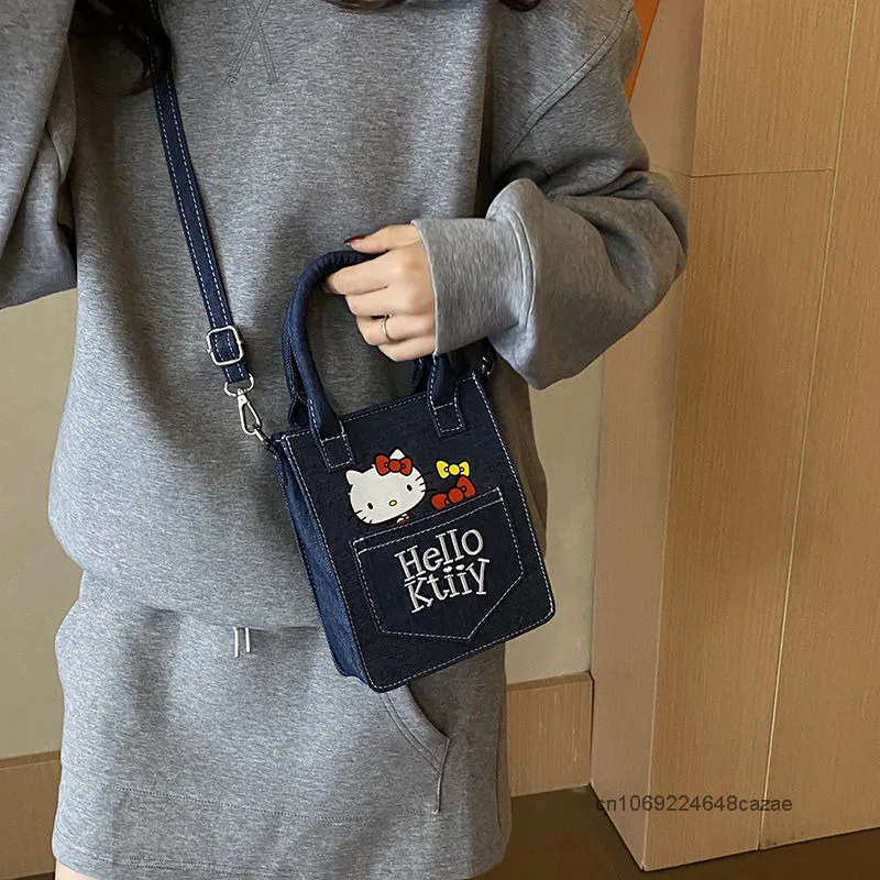 Sanrio Hello Kitty, стильная мини-сумка-тоут, ручная сумка весна-лето 2024, новая джинсовая сумка через плечо, модная сумка на плечо в японском стиле