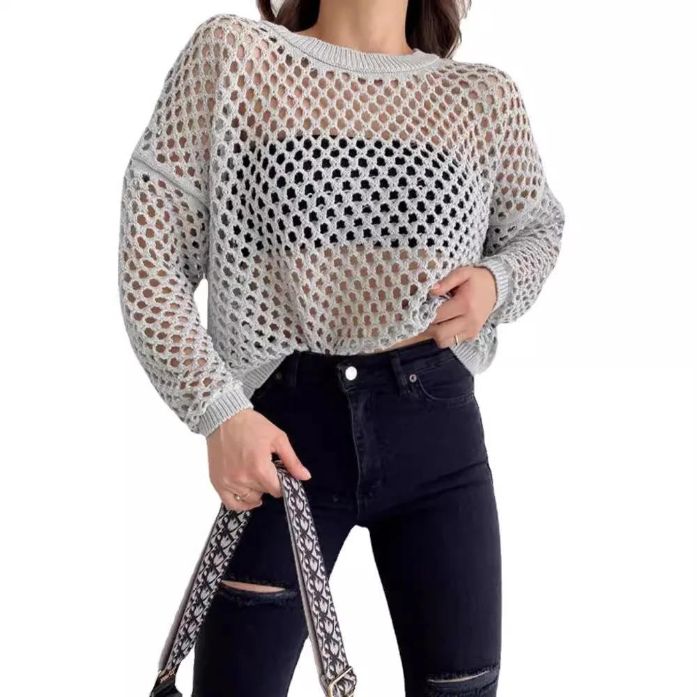 Loose Knitted Sweater Hollow out Bell Sleeve round Neck Women's Spring Summer New Style Cleanfit Citywalk Cotton Long Sleeve view 2