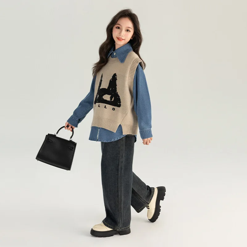 

2025 Autumn/Winter New Khaki Elegant Cat Cartoon Pattern Round Neck Knitted Thick Vest