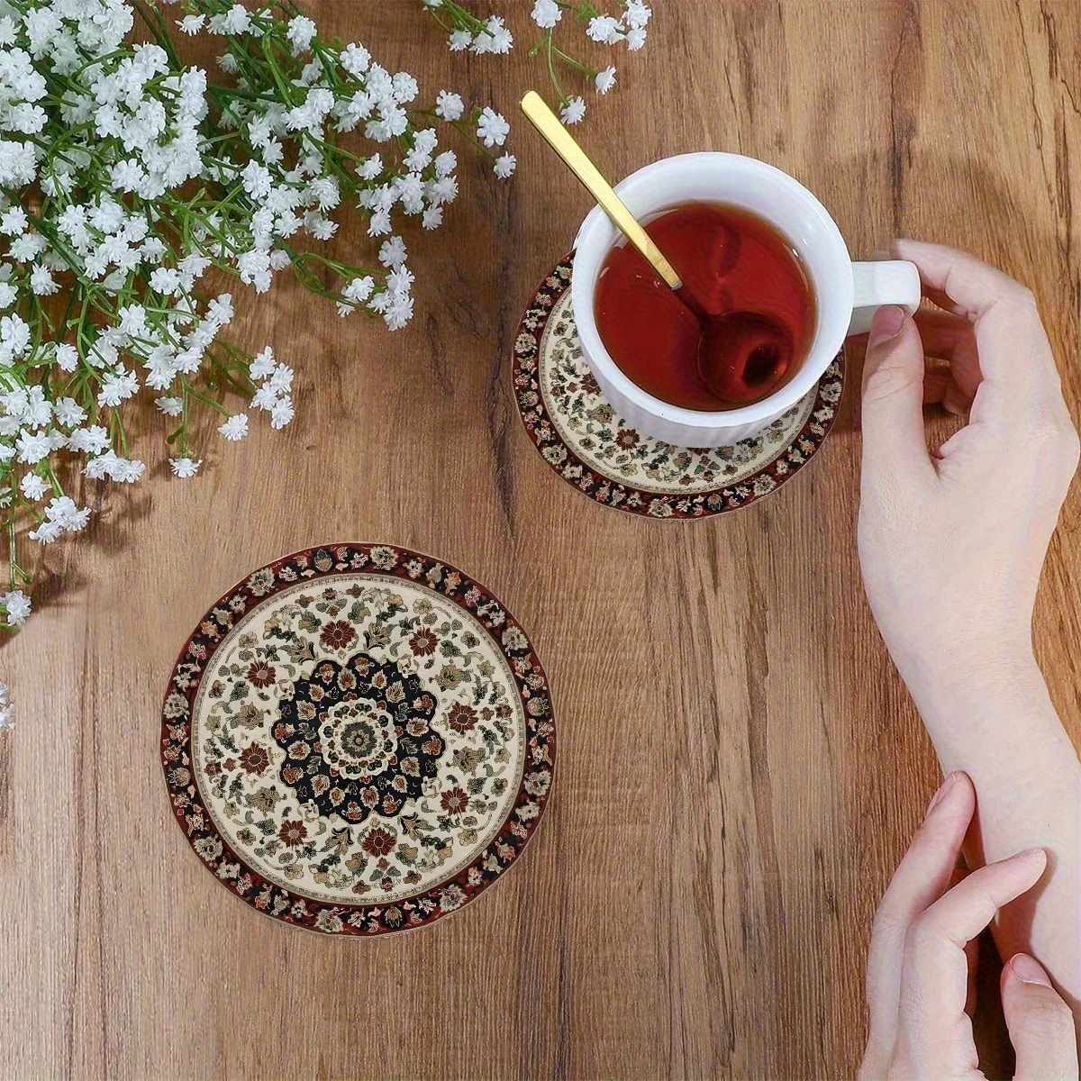 10CM 4PCS 2D Retro Bohemian Style Wooden Coasters Coffee Shop Furniture Decoration Gift Desktop Protection Photography Props
