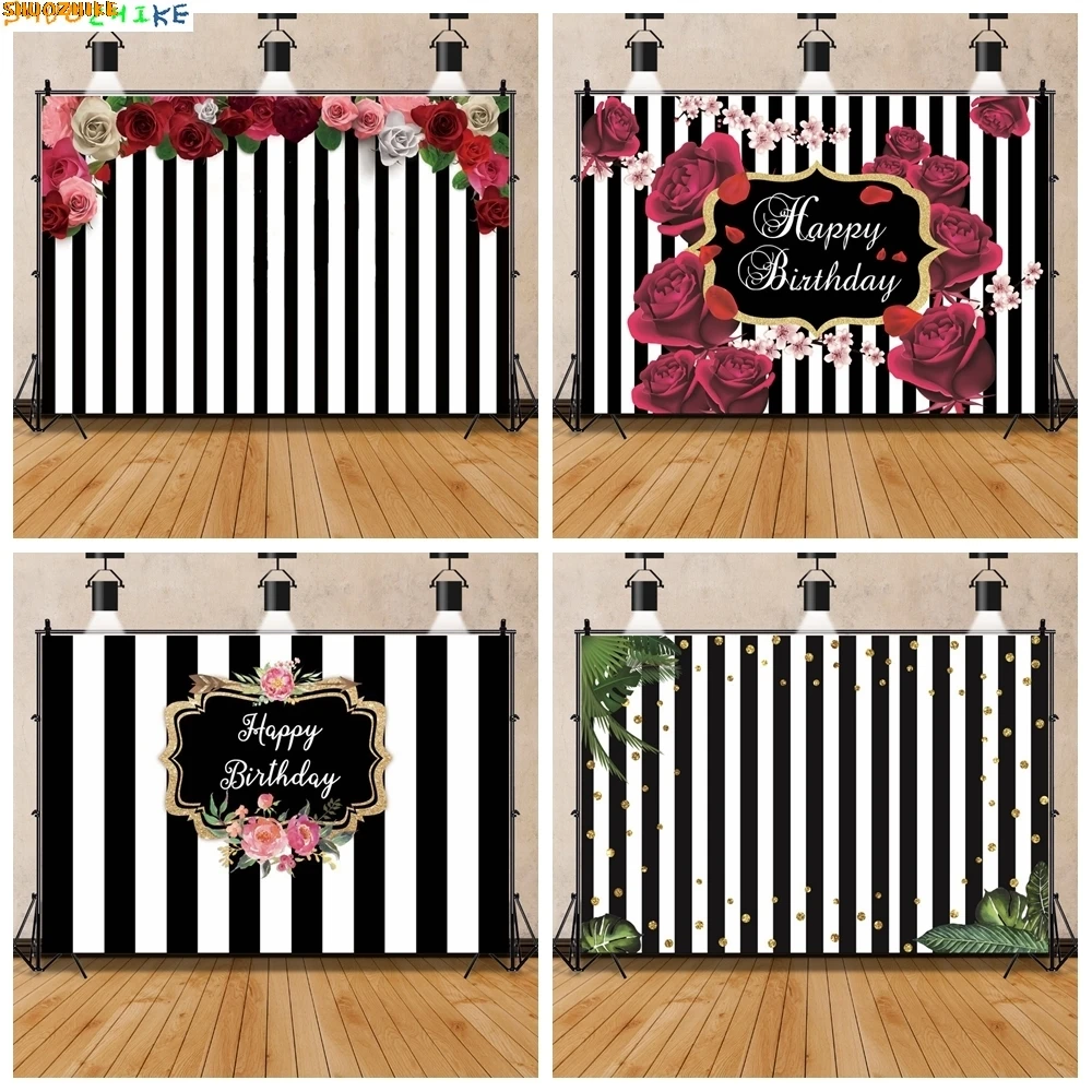 

Black White Stripes Backgrounds For Photography Rose Flowers Birthday Party Banner Baby Photo Backdrops Photocall Photo Studio
