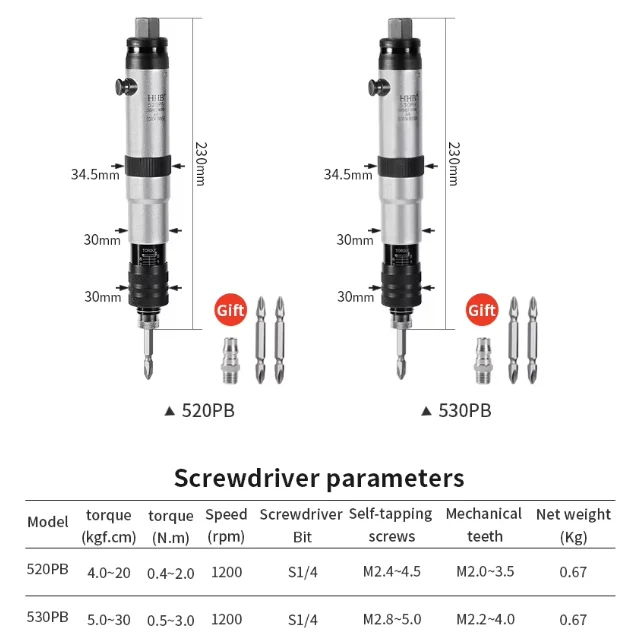 530PB Series Automatic Downward Press Type Pneumatic Screwdriver Impact Wrench 0.5-3N.m Torque Range for M2.8-M5 Screws Factory
