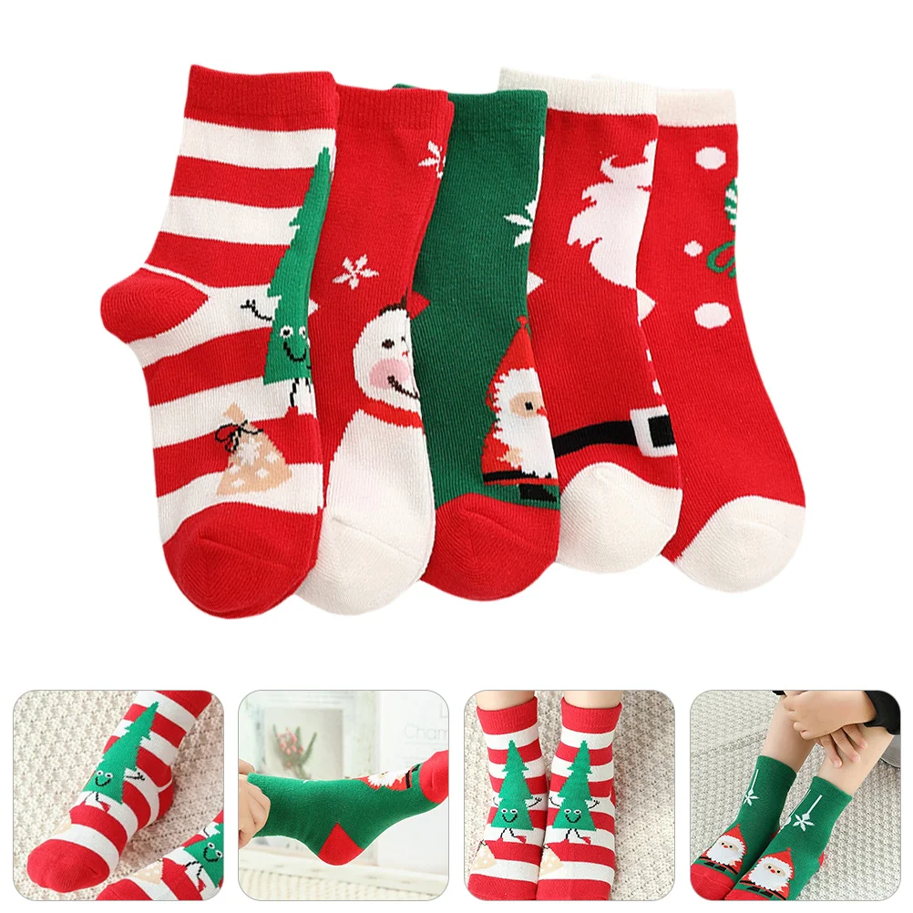 5 Pairs Christmas Slippers for Women Socks Lovely Children Cartoon Vintage Autumn Winter Red Themed Middle Cotton Miss