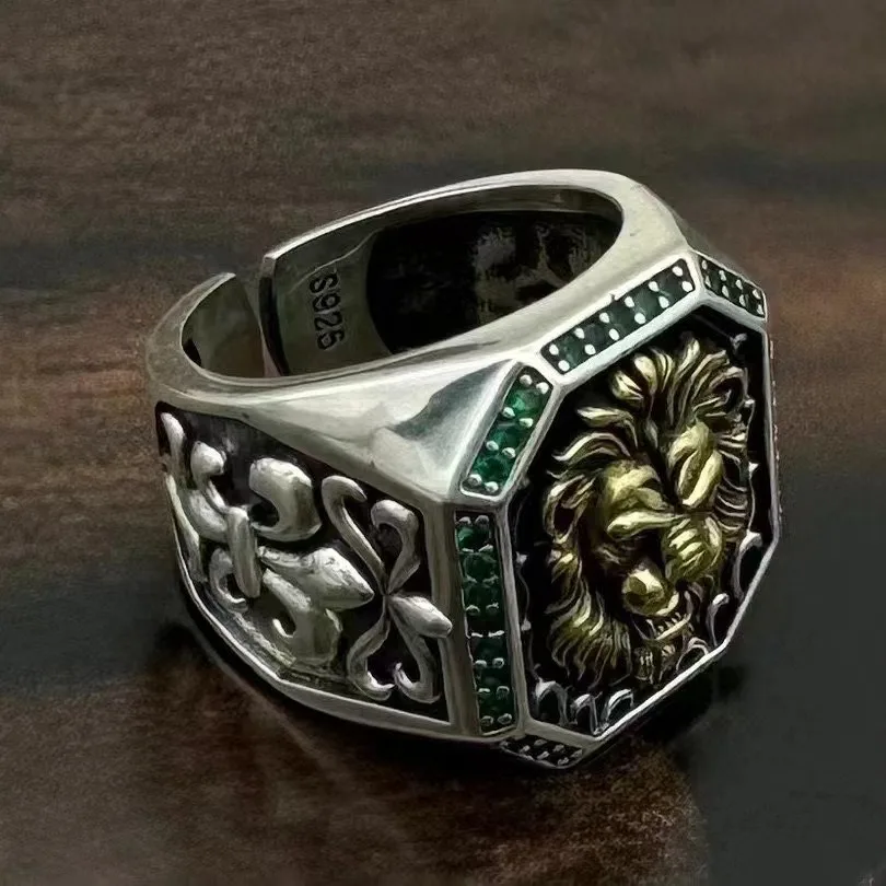 

Pure silver European and American retro lion head ring, men's open cross crown, lion domineering wide face noble ring