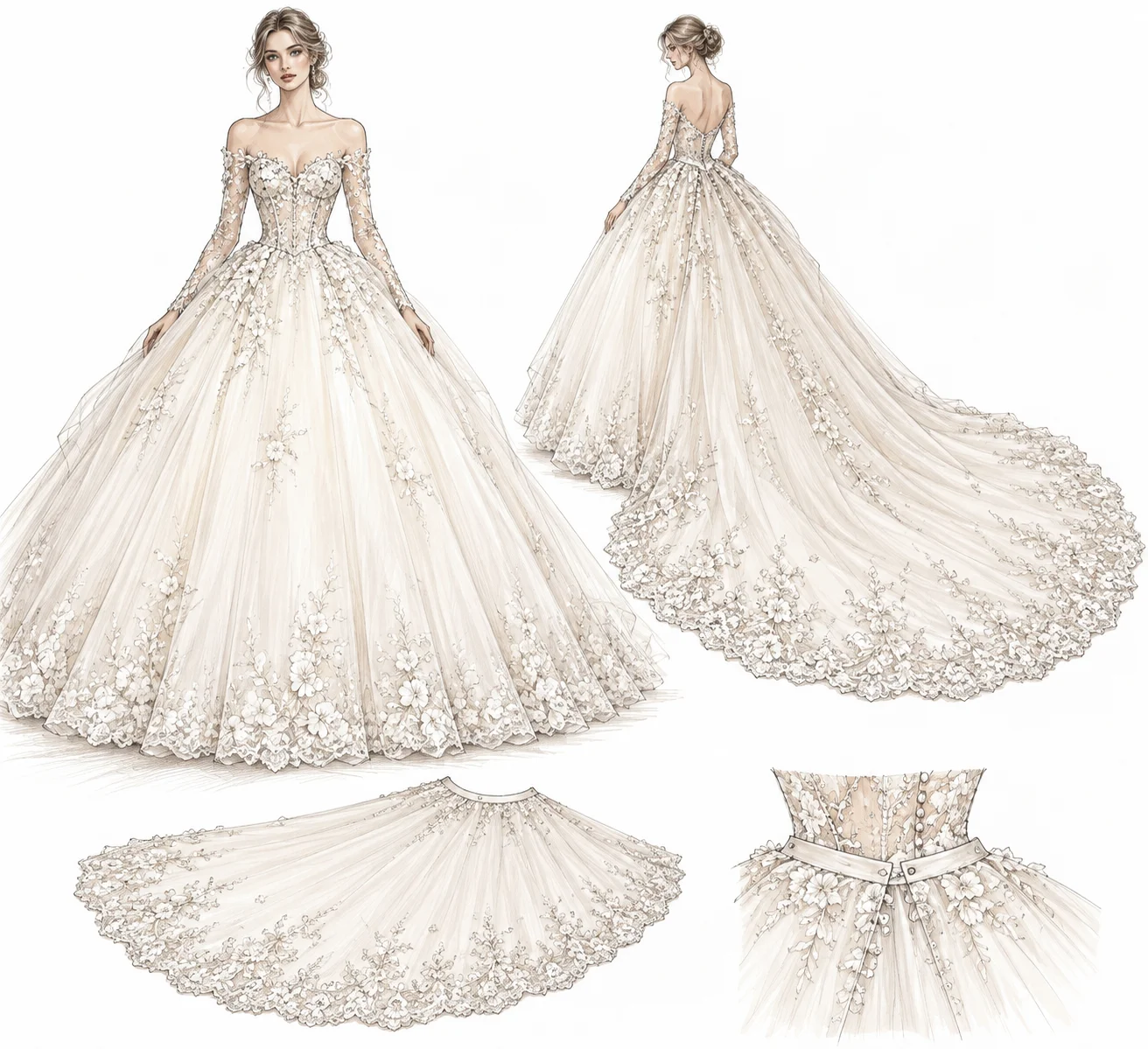 Custom Made Luxury Satin Full Sleeves Ball Gown Wedding Dresses Beading Lace Off The Shoulder Princess Bridal Gowns