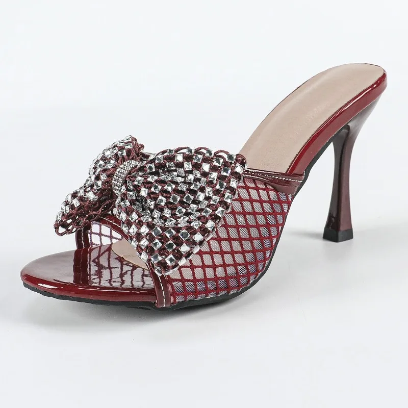 

Rhinestone Bowknot Mesh High Heeled Slippers for Women Open Toed Summer Slides Female Plus Size 43 Luxury Brand Sandals Women