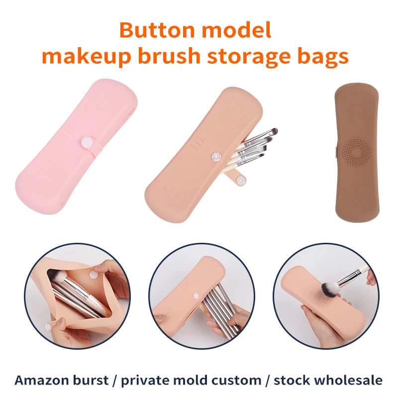 Makeup Brush Storage Bag With Button Silicone Portable Multifunctional Dustproof For Travel