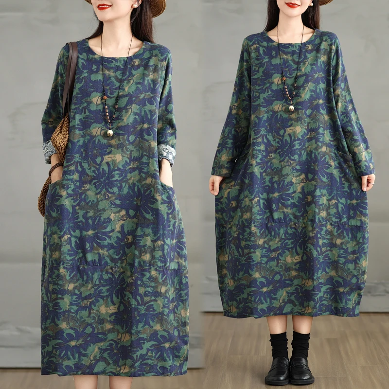 

New Vintage Large Size Floral Print Cotton Lin ort Sve Dr Overhead round Ne Midi Skirt Commute Sle Autumn Wear