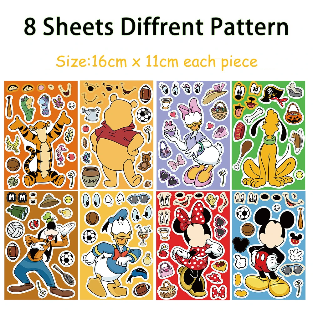 8/16Sheets Disney Mixed Cartoon Mickey Pooh Bear Make A Face Puzzle Stickers Kids Make Your Own DIY Game Children Education Toys