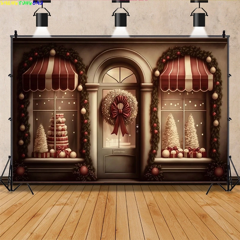 Vinyl Christmas Day Photography Backdrops Living Room Indoor Ornament Green Door Wreath Photo Studio Background Props QS-44