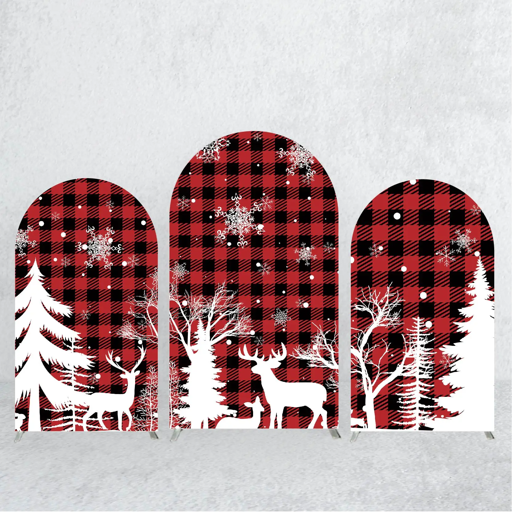 

Arch Backdrop Cover Christmas Party Supplies, Elk and Pine Theme,Black Red Checkerboard Pattern Christmas Background Decorations