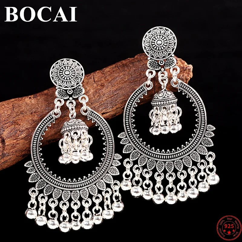 

BOCAI S925 Sterling Silver Earrings for Women 2022 New Fashion Vintage Ethnic Style Geometric Ear Studs Pure Argentum Jewelry