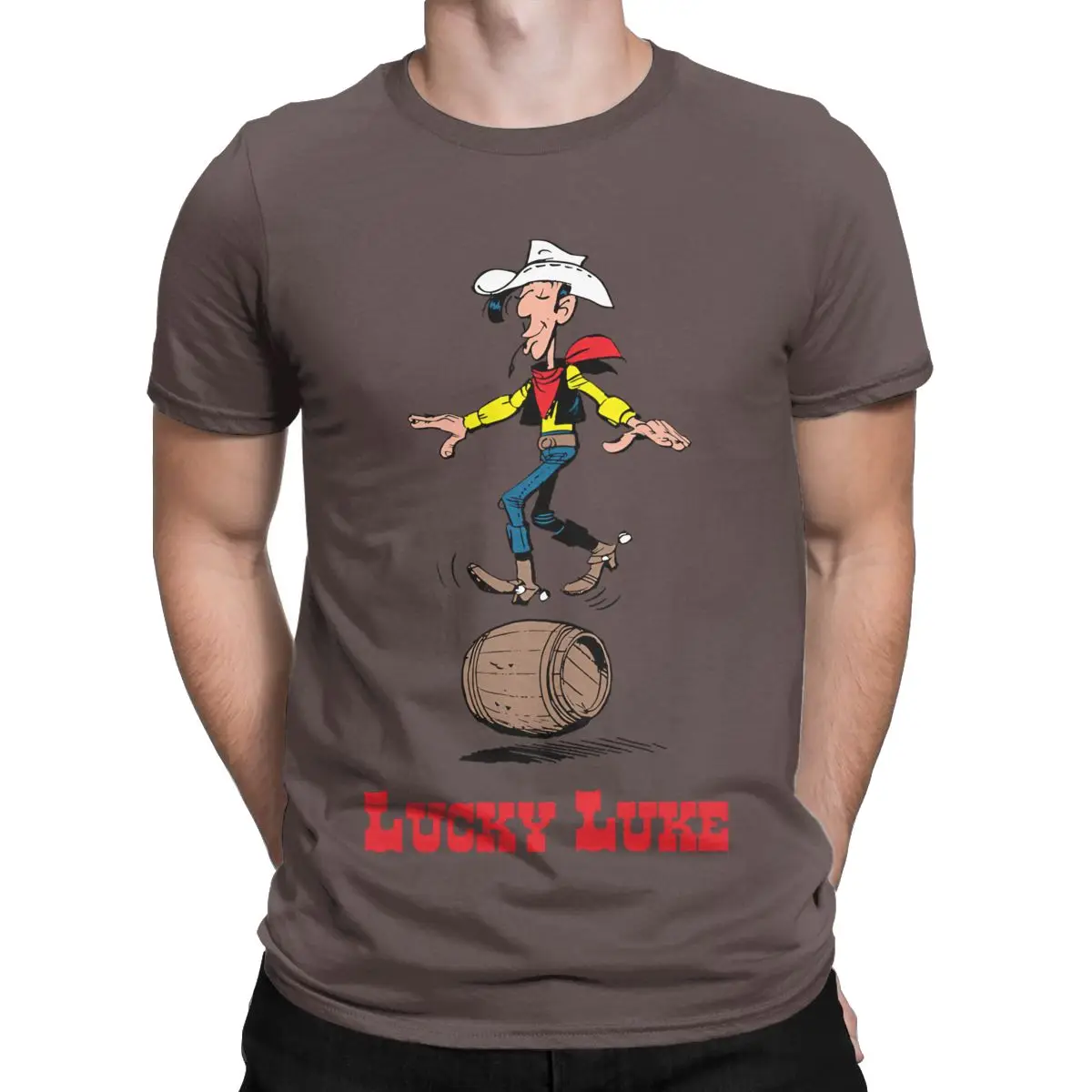 Lucky Luke Balancing In A Barrel T-Shirt Men Cartoon Unique Pure Cotton Tees Crewneck Short Sleeve T Shirts Summer Tops