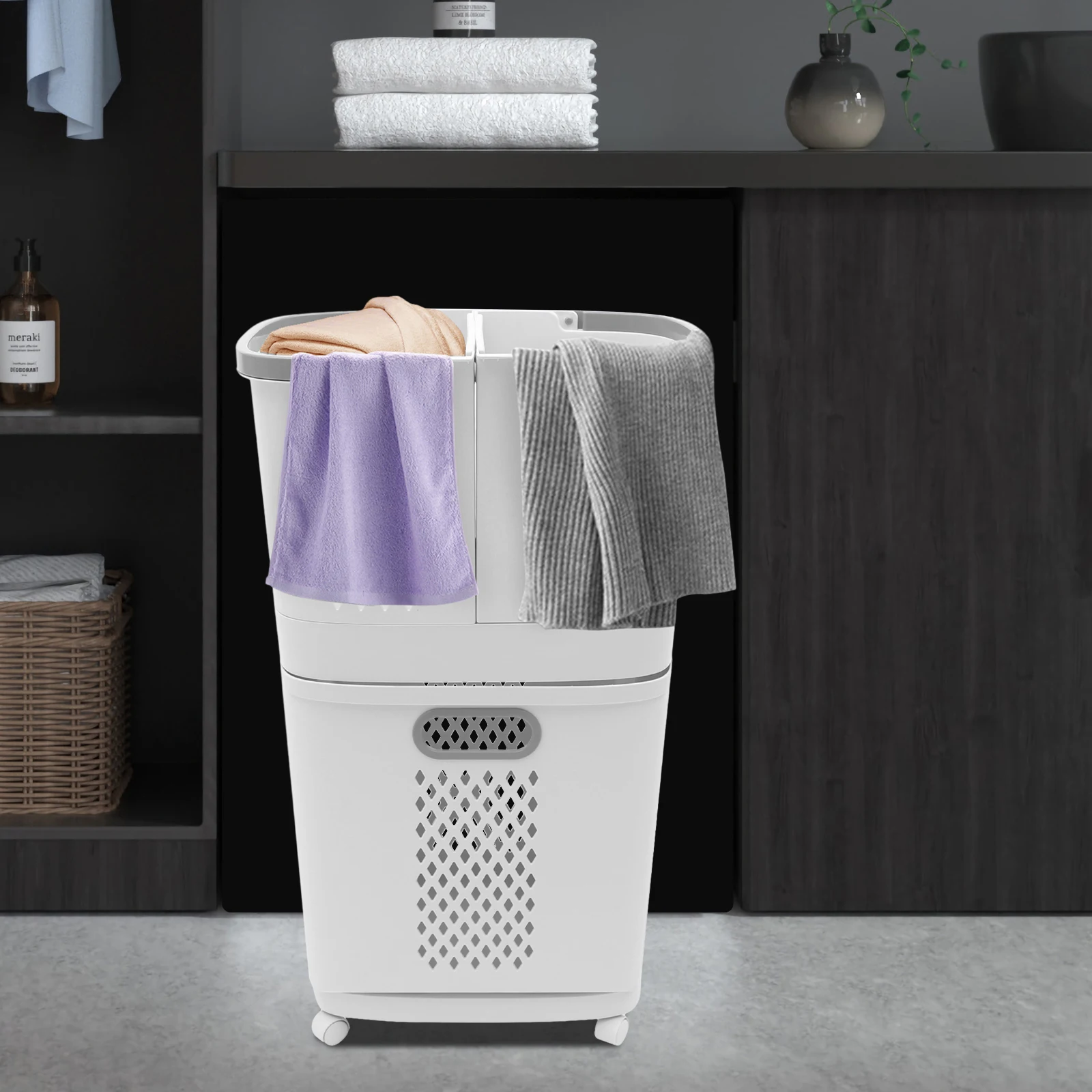 Two Layer Multifunctional Clothes Basket with Wheels Laundry Cart Rolling Laundry Hamper