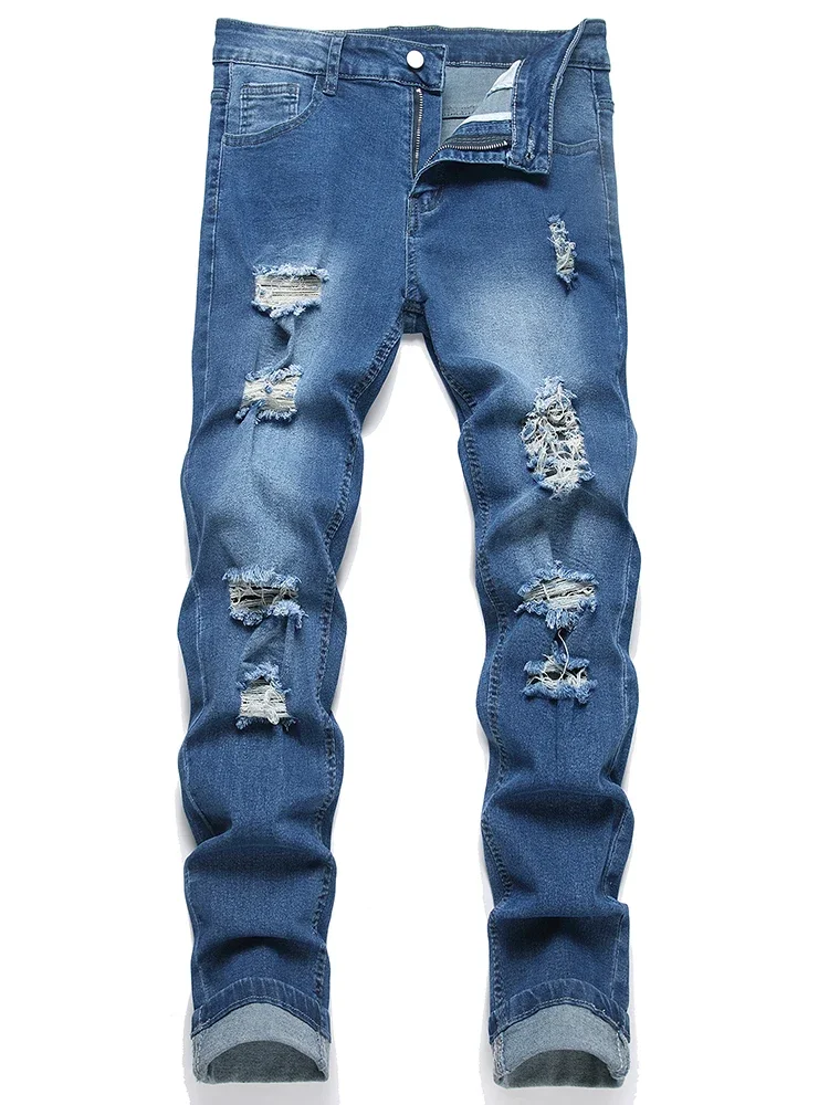 

New styles for foreign trade, European and American men's ripped white slim jeans, fashionable and old casual pants for men