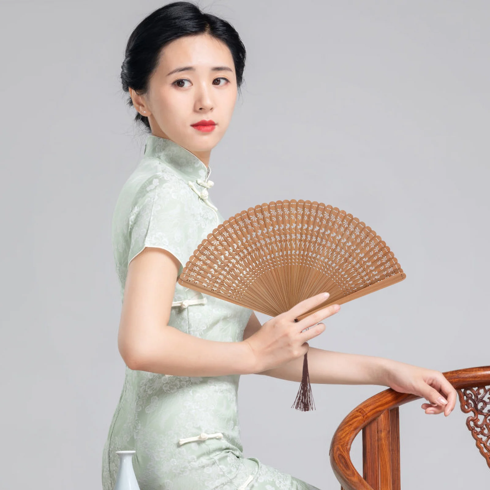 

Elegant Hollow-Out Bamboo Hand Fan Traditional Chinese Vintage Style Foldable Wood Fan for Women Perfect for Parties Weddings