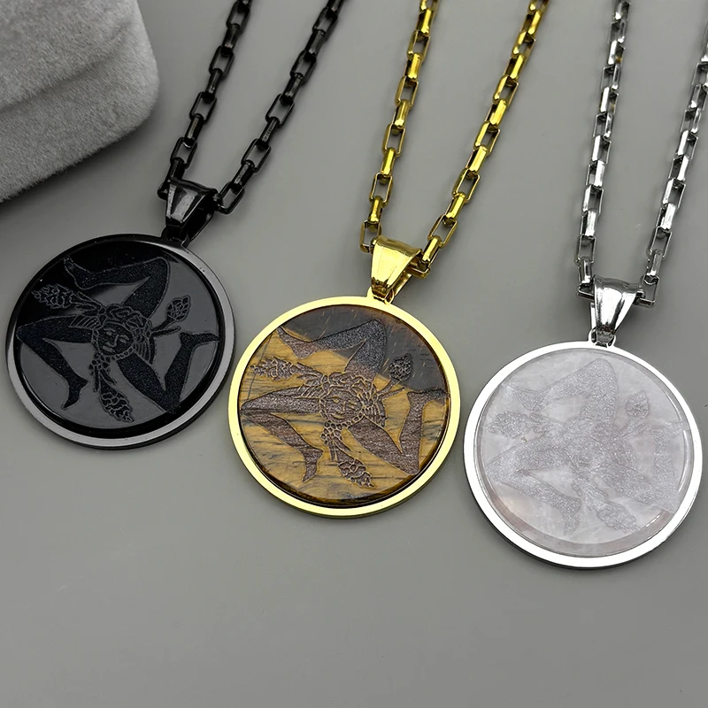 

Trinacria Sicily Sign Pendant Necklace For Women Men Natural Stone Stainless Steel Medusa Wheat Spike Three Legs Chain Jewelry