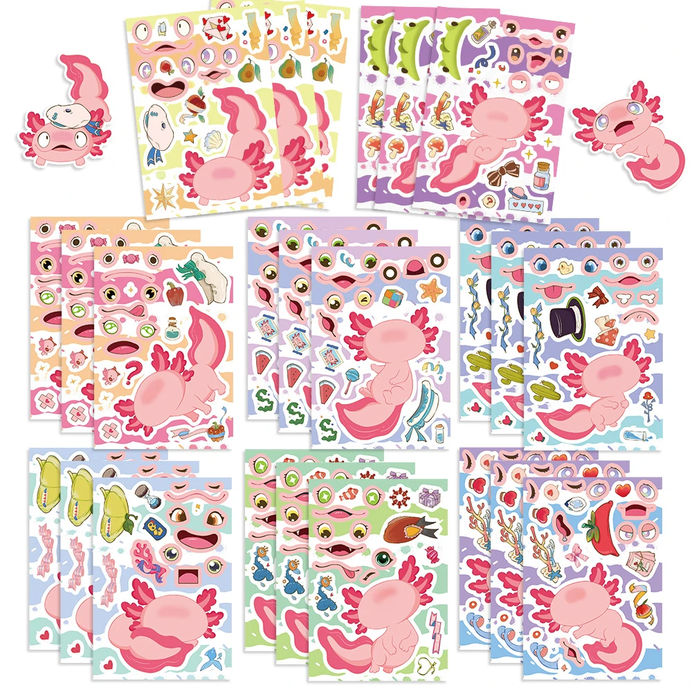 8/16 Blatt niedliche Cartoon-Axolotl Make a Face Puzzle-Aufkleber Spiele Laptop Montieren Puzzle Kind Bildung Spielzeug Aufkleber Partybevorzugung