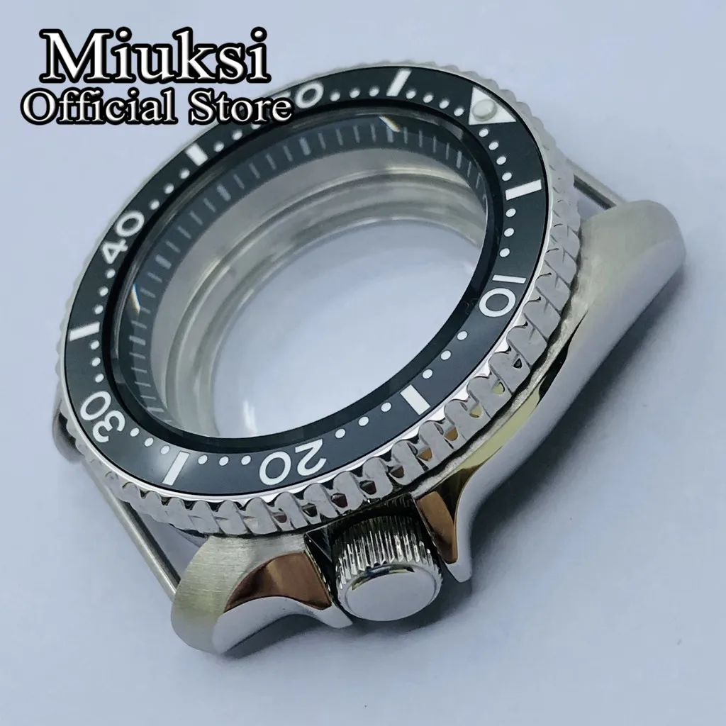 Miuksi 42mm silver sterile watch case ceramic bezel black chapter ring sapphire glass fit NH34 NH35 NH36 movement