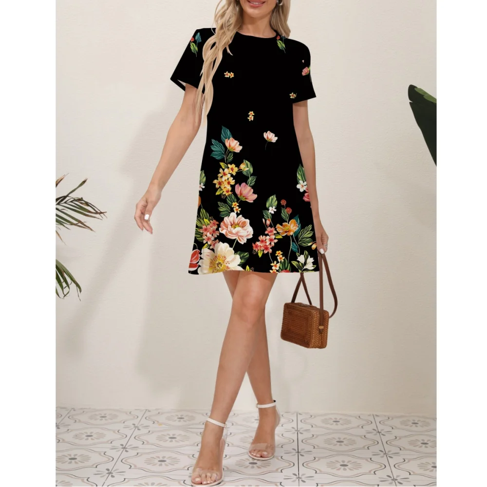 

Summer Midi Dress Plant Printing O-neck Dress For Casual Robes Vestidos Femininos платье лето