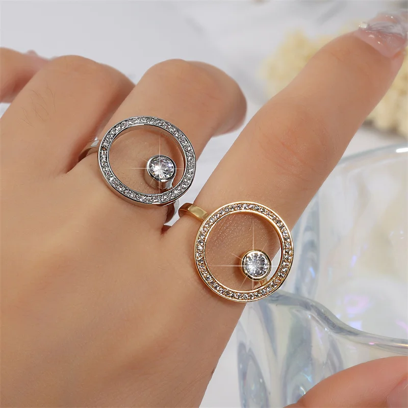 RAKOL Exaggerate Cutout Big Circle Zirconia Rings for Women INS Fashion Geometric Round Open Ring Evening Party Jewelry