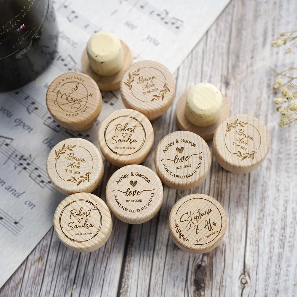 Custom 10/50/100pcs Wine Cork Stoppers Wedding Party Thank You Favors for Guest Engraved Wooden Bottle Cork Stopper