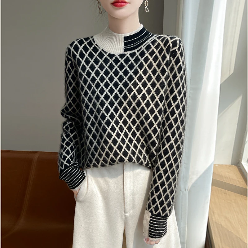 

JS122 осенне-зимний женский новый модный полуводолазка с ромбовидной строчкой, утепленный теплый вязаный свитер из чистой шерсти для женщин
