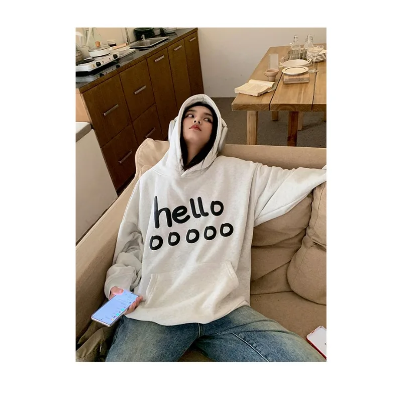 

2025 Women’s Autumn Winter Hoodies Hello Print Harajuku Y2K Sweatshirt Oversized Pure Cotton Fashion Fmale Pullover Leisure Coat