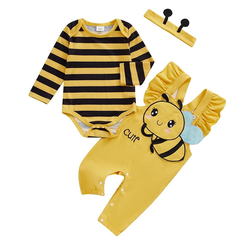 Conjunto de ropa de Halloween para niña, Pelele de manga larga con diadema, disfraz de abeja, 3 piezas