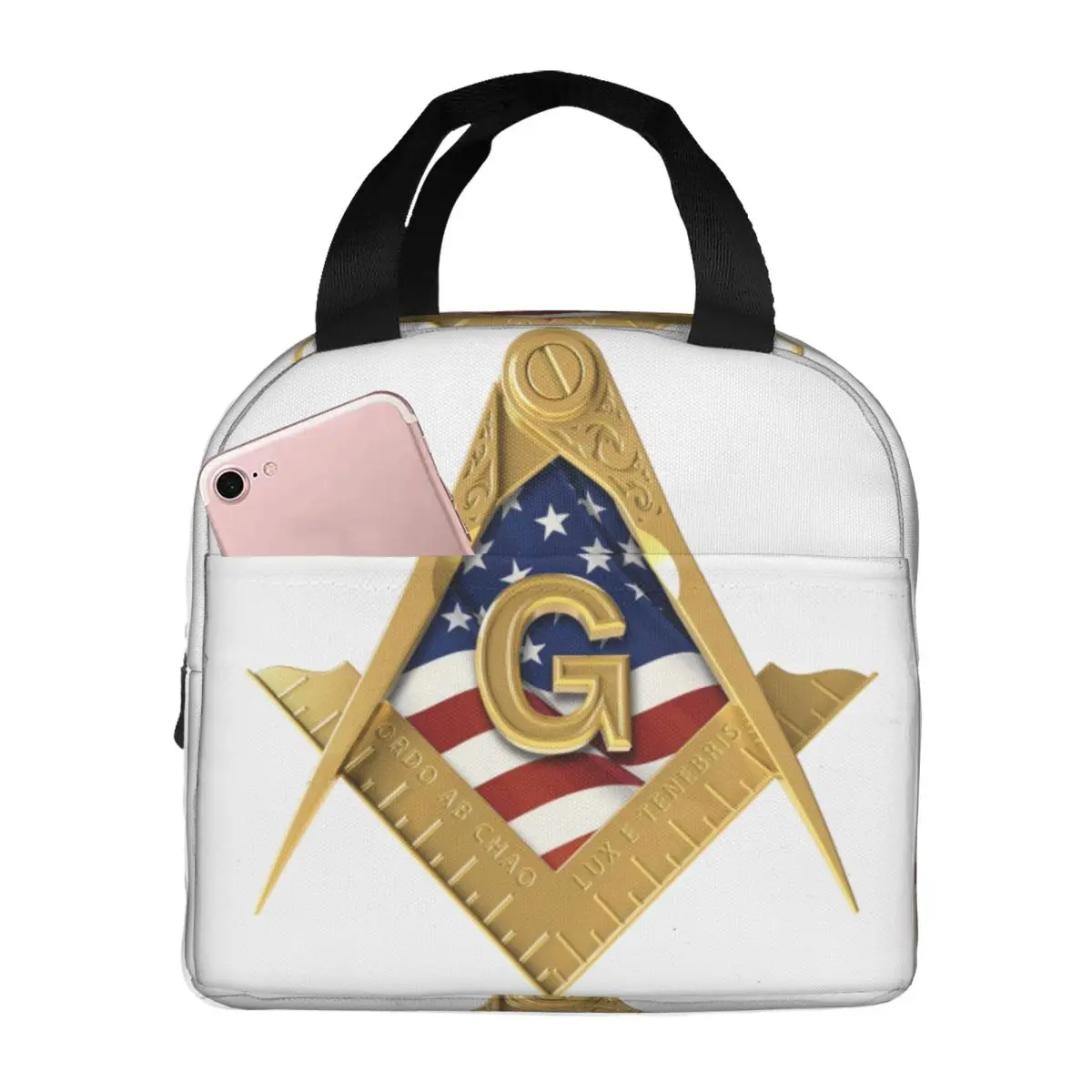 American USA Flag Square And Compass Masonic Freemason Thermal Insulated Lunch Bags Resuable Lunch Tote Multifunction Food Box