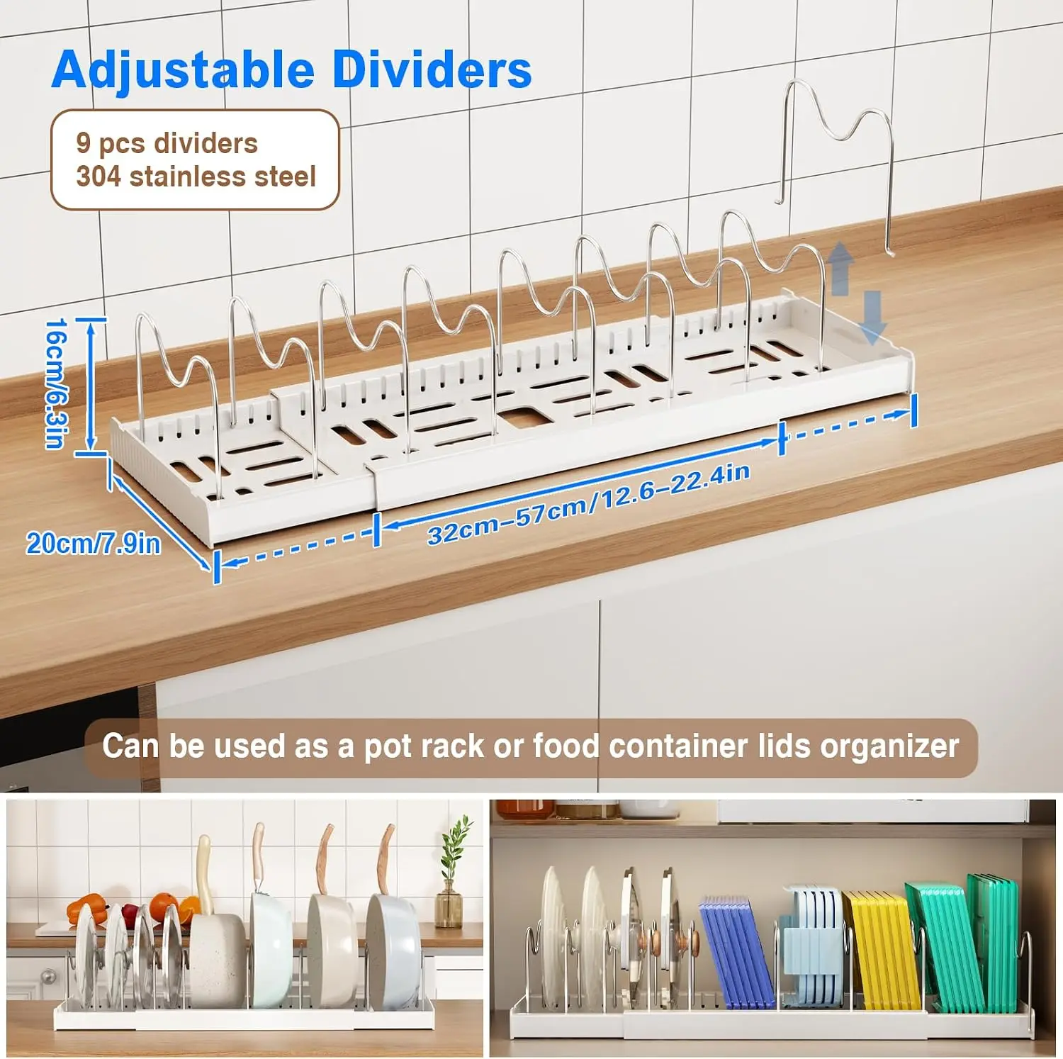 Expandable Pot Pan Lid Organizer Under Cabinet 22Inch 9 Adjustable Dividers Lid Holder For Cabinet Countertop 1Pack White