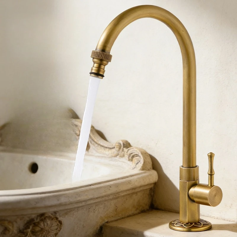 New Antique Full Copper Body Vertical Single Cold Basin Faucet European Retro Wash Basin Tap 360° Rotatable Vanity Sink Faucet