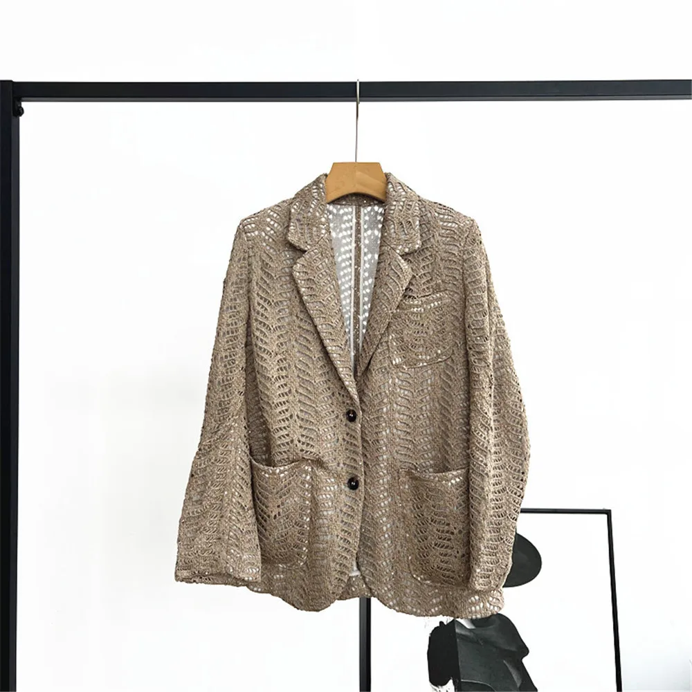 

25 Autumn/Winter Women's Lapel Cardigan Button Long Sleeved Pocket Hollow Sequin Loose Knit Suit Jacket